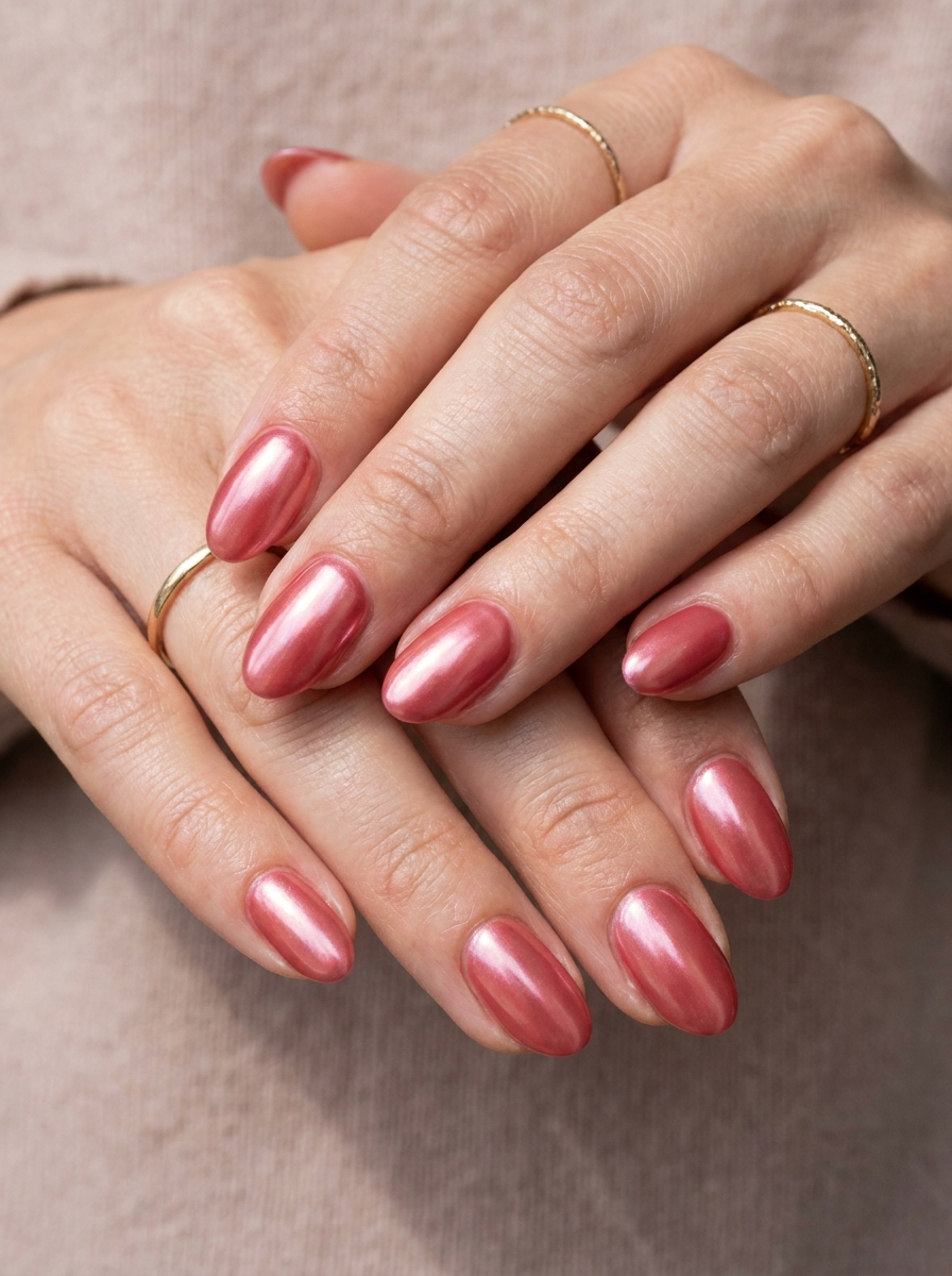 Rosy Red Pearl Chrome Nägel mit weichem Perlmutt-Schimmer